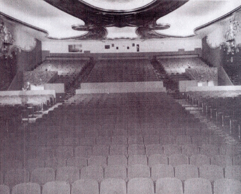 Theater looking to the back in its heyday showing stadium steating instead of the standard balcony of the time.  Photo courtesy of the Academy of Motion Picture Arts and Sciences, Ed Kelsey,  and Inglewood Preservation Alliance